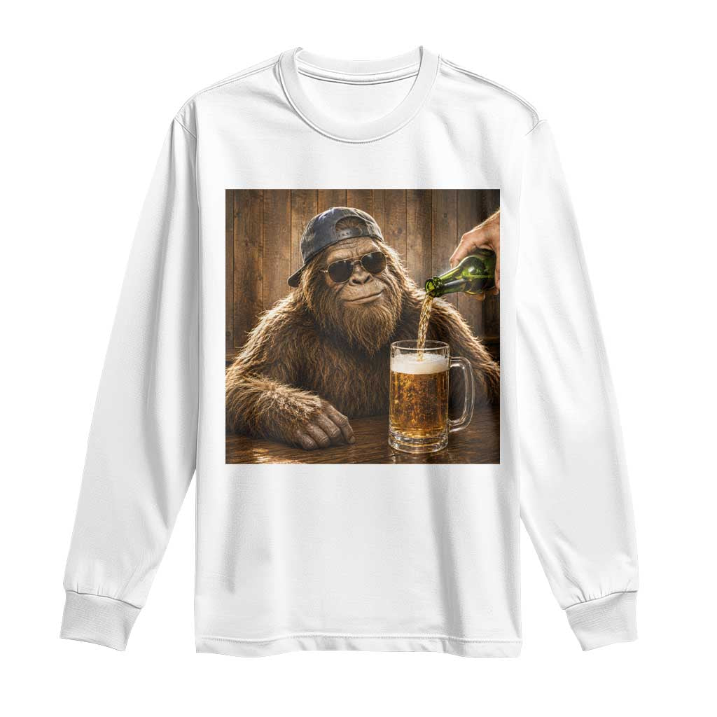 Funny Bigfoot Drinking Beer Long Sleeve Shirt Vintage Cool Sunglasses Sasquatch Pub Graphic