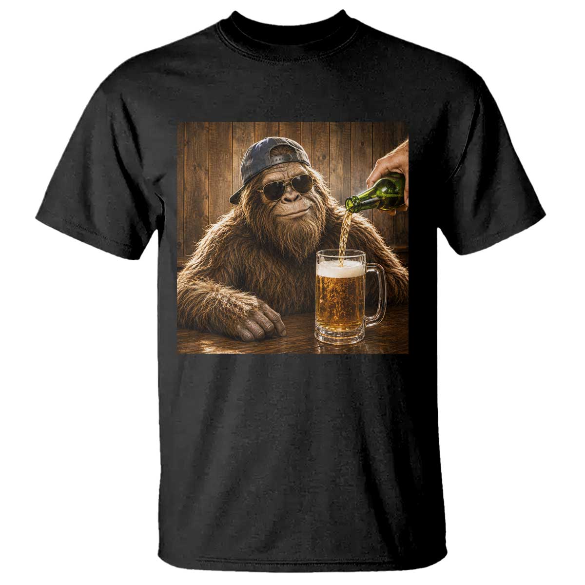 Funny Bigfoot Drinking Beer T Shirt Vintage Cool Sunglasses Sasquatch Pub Graphic