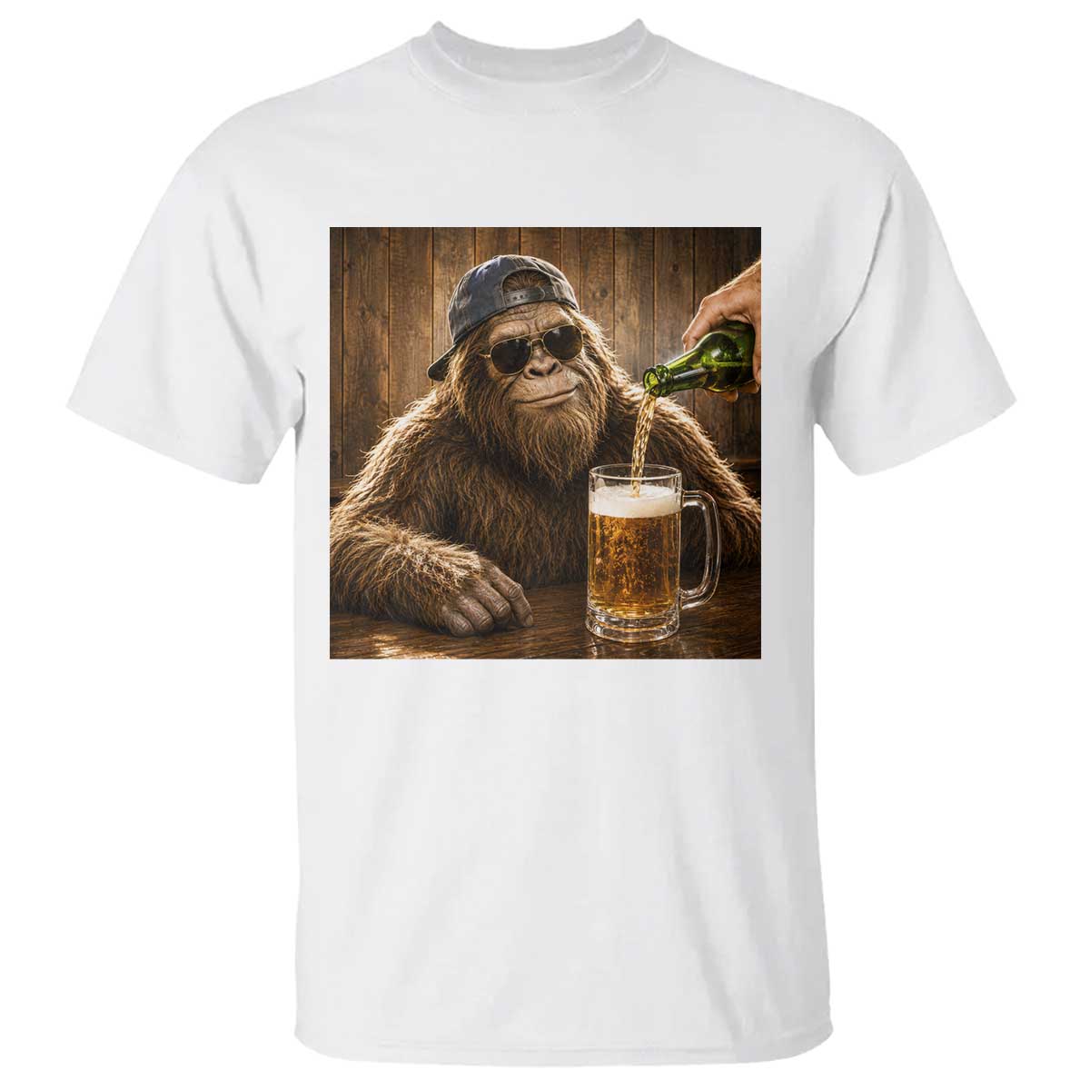 Funny Bigfoot Drinking Beer T Shirt Vintage Cool Sunglasses Sasquatch Pub Graphic