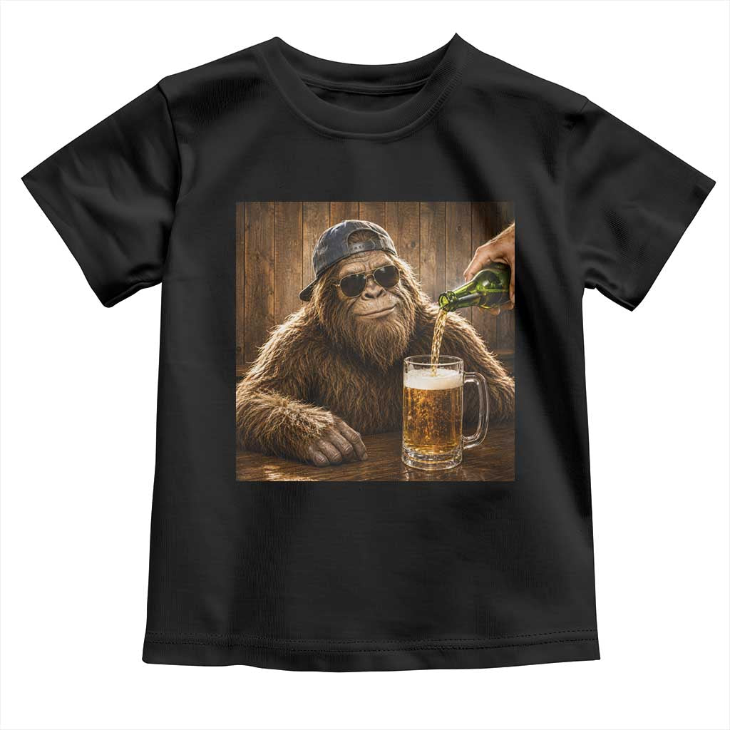 Funny Bigfoot Drinking Beer Toddler T Shirt Vintage Cool Sunglasses Sasquatch Pub Graphic