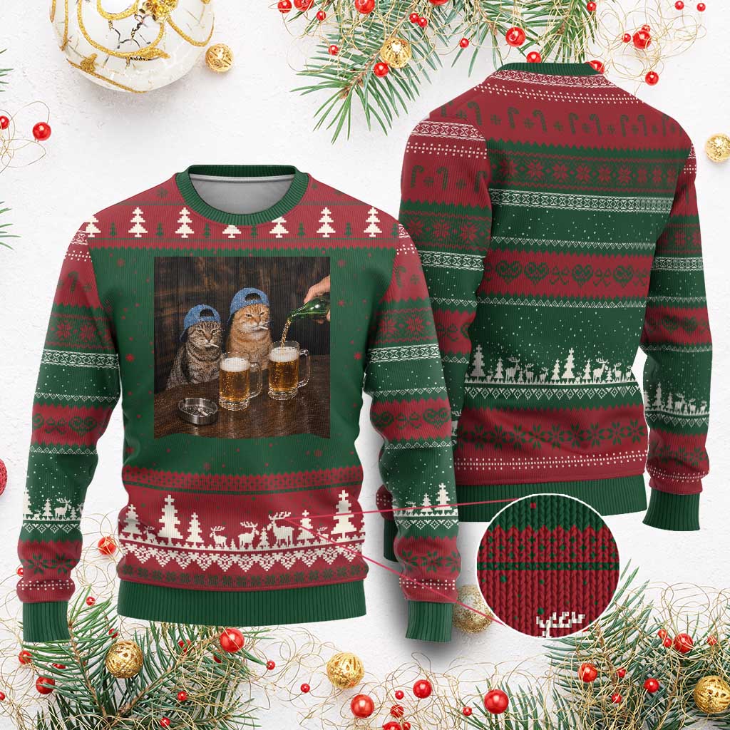 Funny Smoking Cats Drinking Beer at the Bar Ugly Christmas Sweater Funny Bad Boys Cigarette Kitty Gen Z Meme