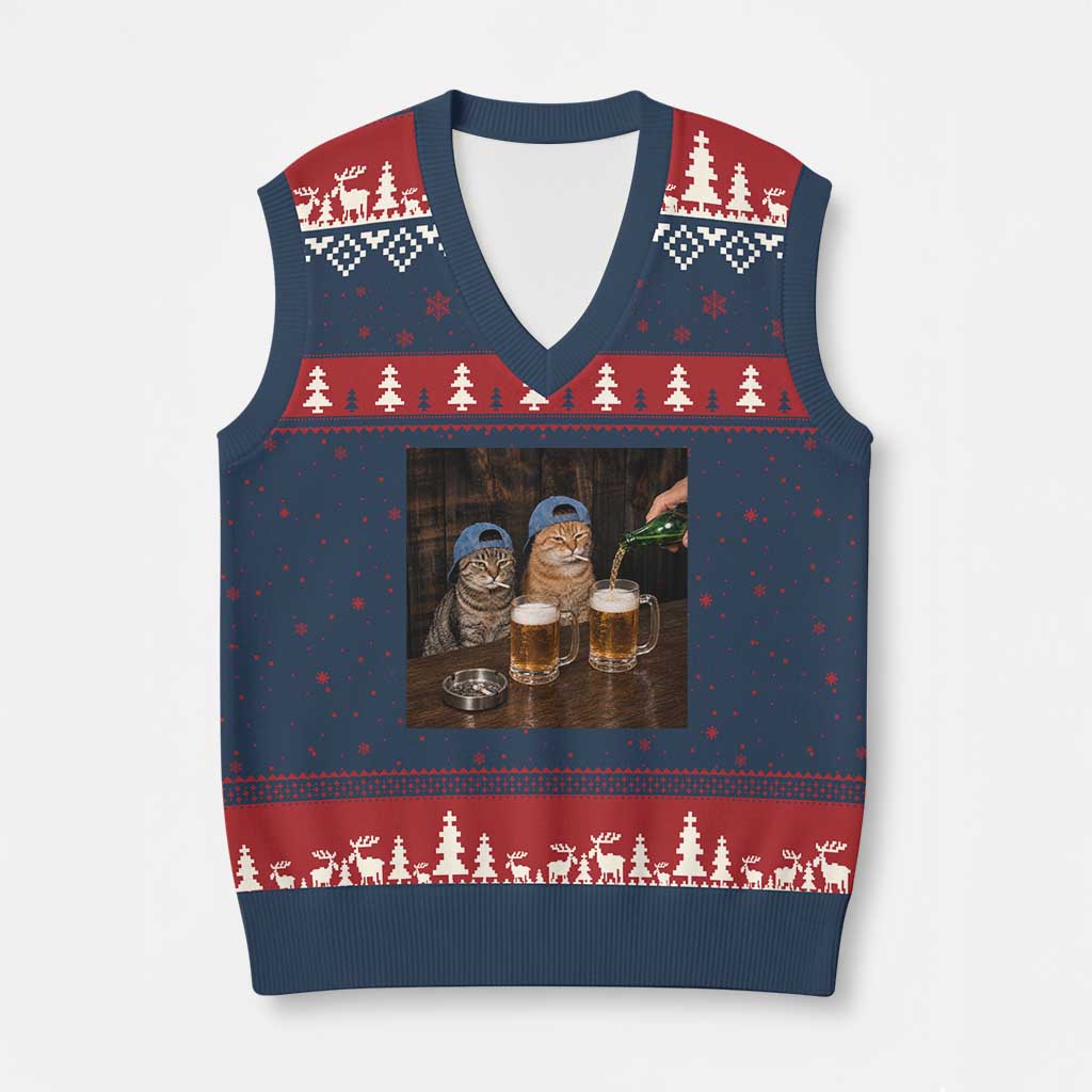 Funny Smoking Cats Drinking Beer at the Bar V-Neck Knit Sweater Vest Funny Bad Boys Cigarette Kitty Gen Z Meme