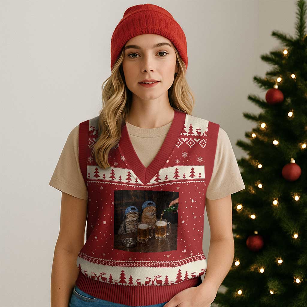 Funny Smoking Cats Drinking Beer at the Bar V-Neck Knit Sweater Vest Funny Bad Boys Cigarette Kitty Gen Z Meme