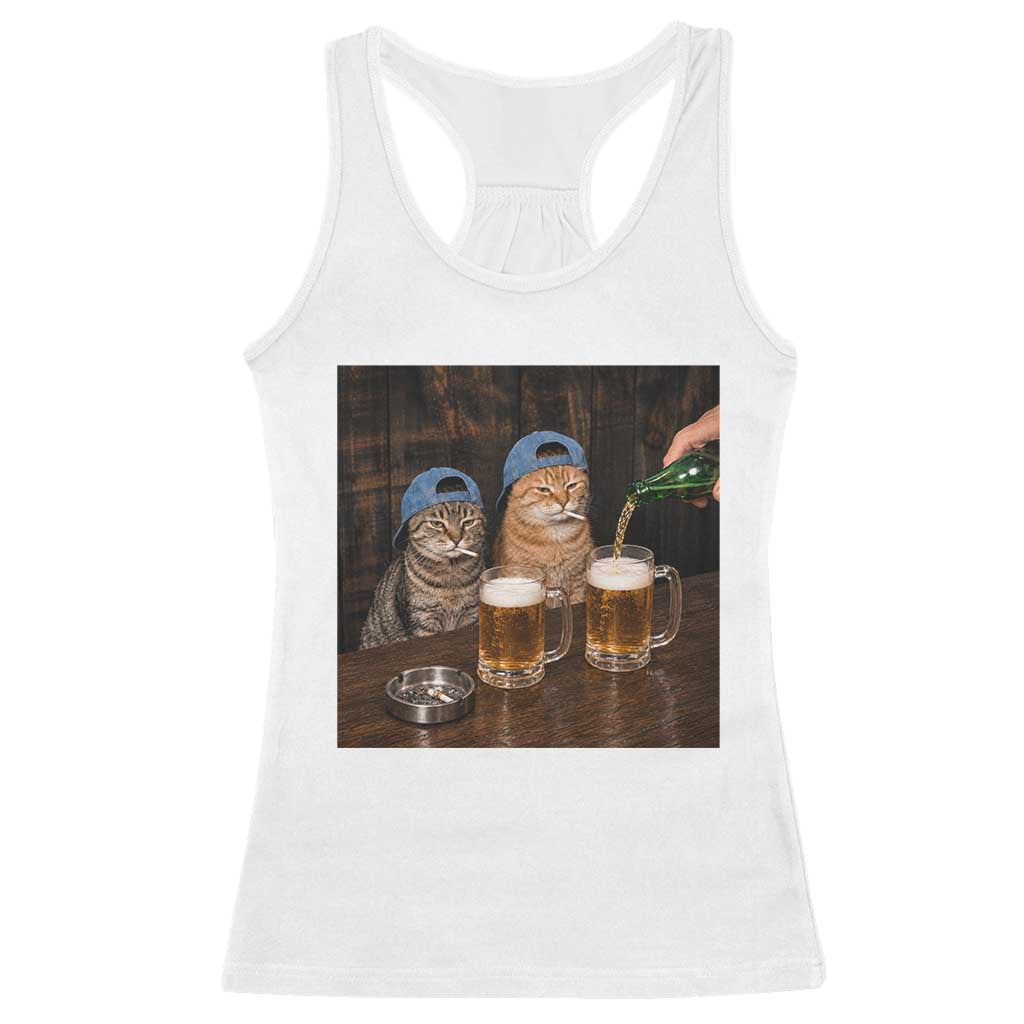 Funny Smoking Cats Drinking Beer at the Bar Racerback Tank Top Funny Bad Boys Cigarette Kitty Gen Z Meme