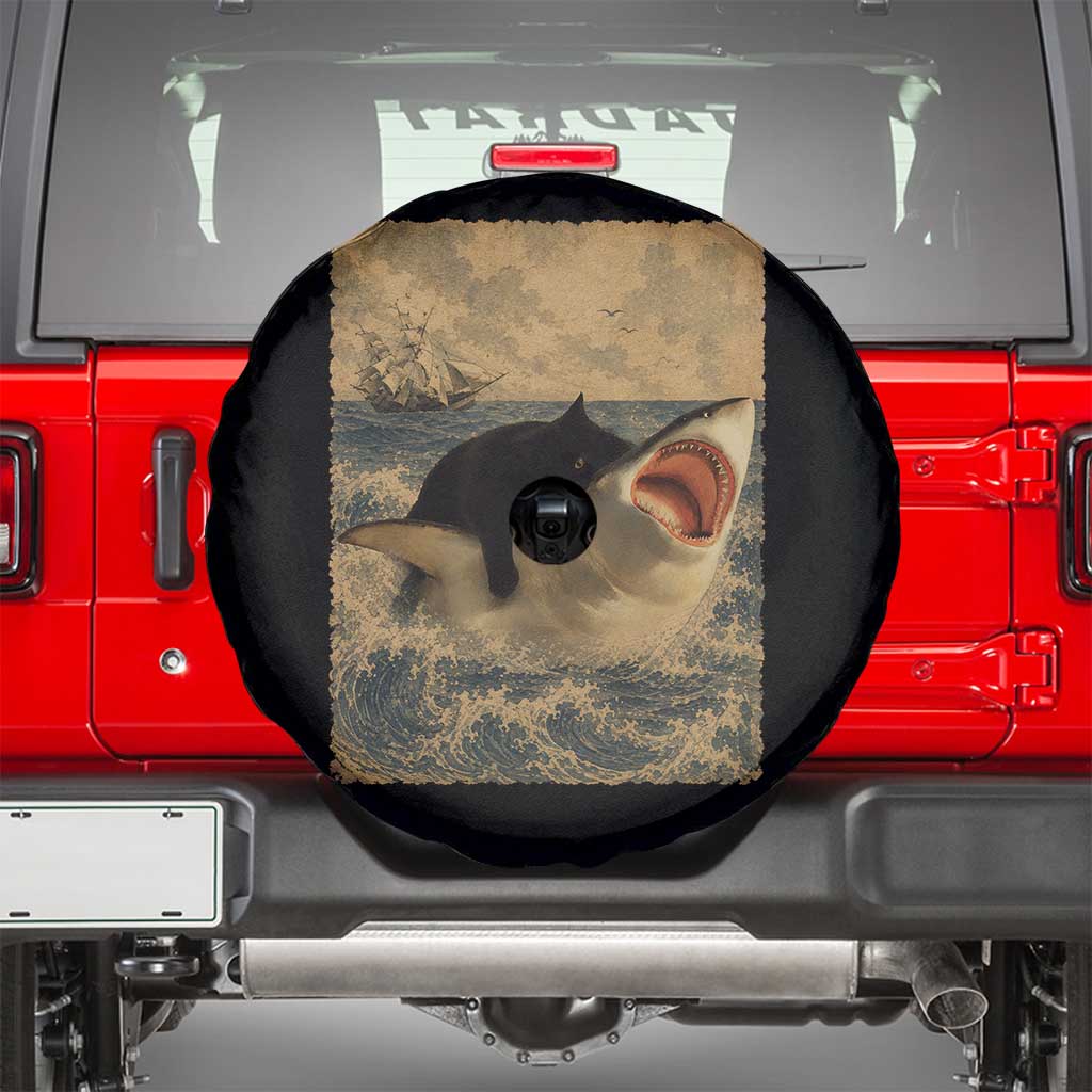 Black Cat Biting Shark Anime Graphic Japanese Spare Tire Cover Vintage Graphic Ukiyo-e Art