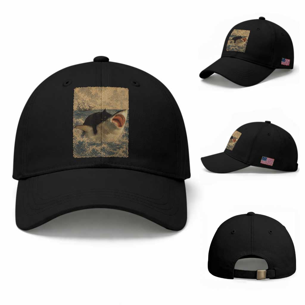 Black Cat Biting Shark Anime Graphic Japanese Baseball Cap Vintage Graphic Ukiyo-e Art