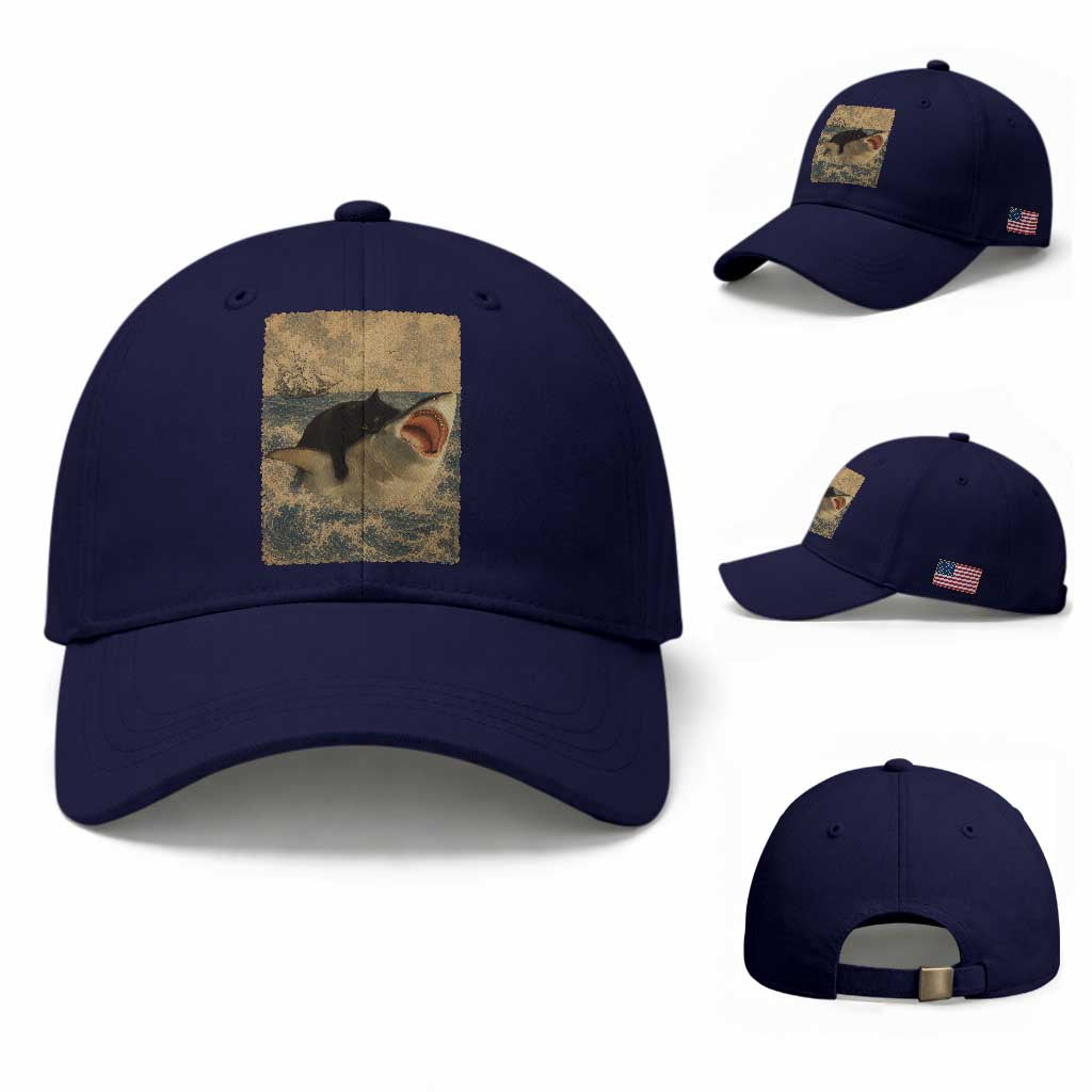 Black Cat Biting Shark Anime Graphic Japanese Baseball Cap Vintage Graphic Ukiyo-e Art