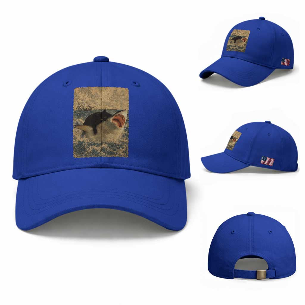 Black Cat Biting Shark Anime Graphic Japanese Baseball Cap Vintage Graphic Ukiyo-e Art