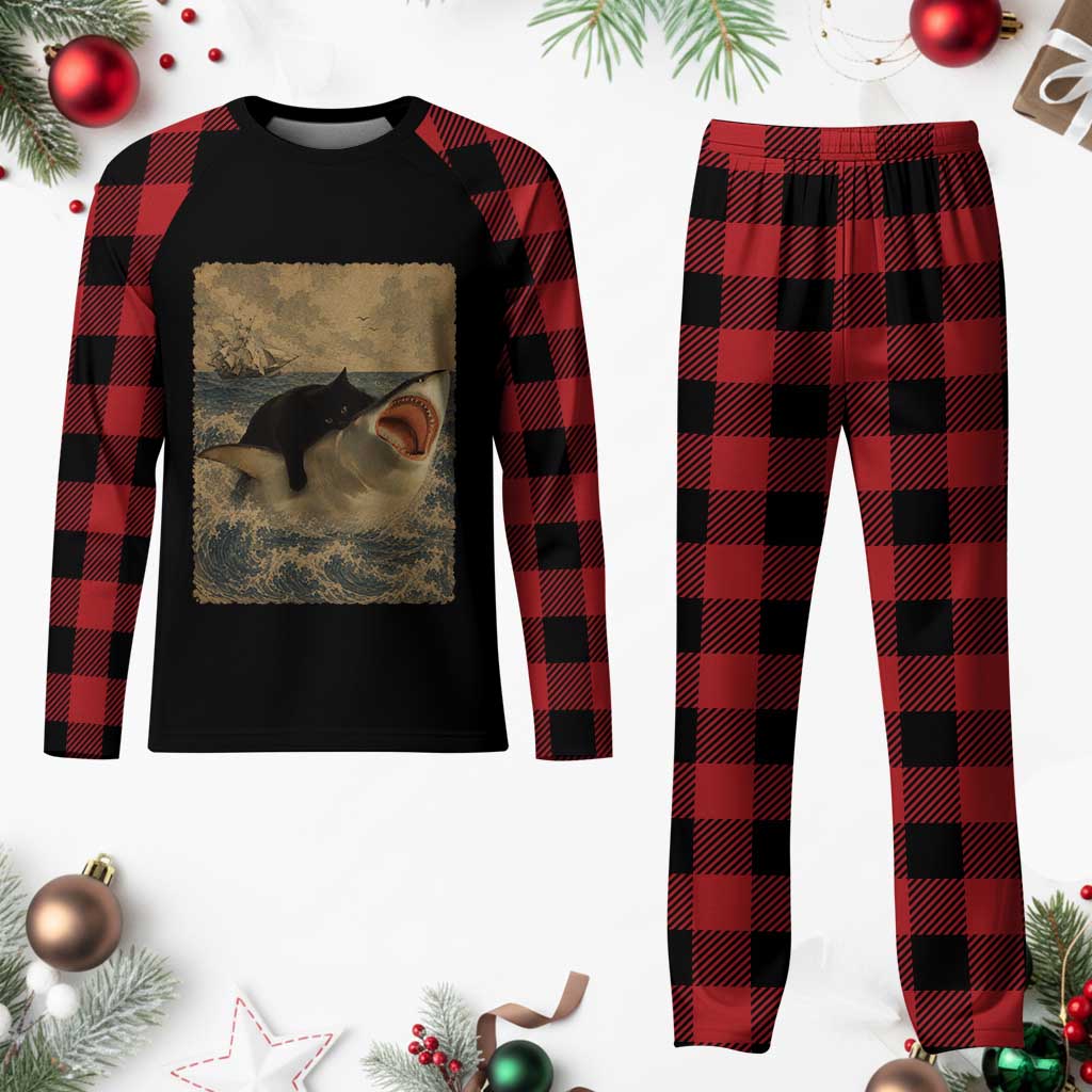 Black Cat Biting Shark Anime Graphic Japanese Plaid Pajama Set Vintage Graphic Ukiyo-e Art