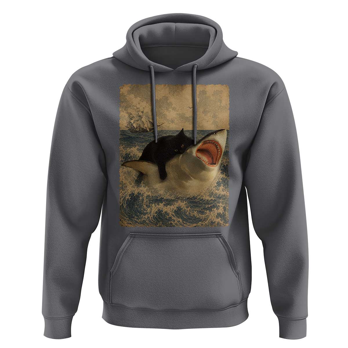 Black Cat Biting Shark Anime Graphic Japanese Hoodie Vintage Graphic Ukiyo-e Art