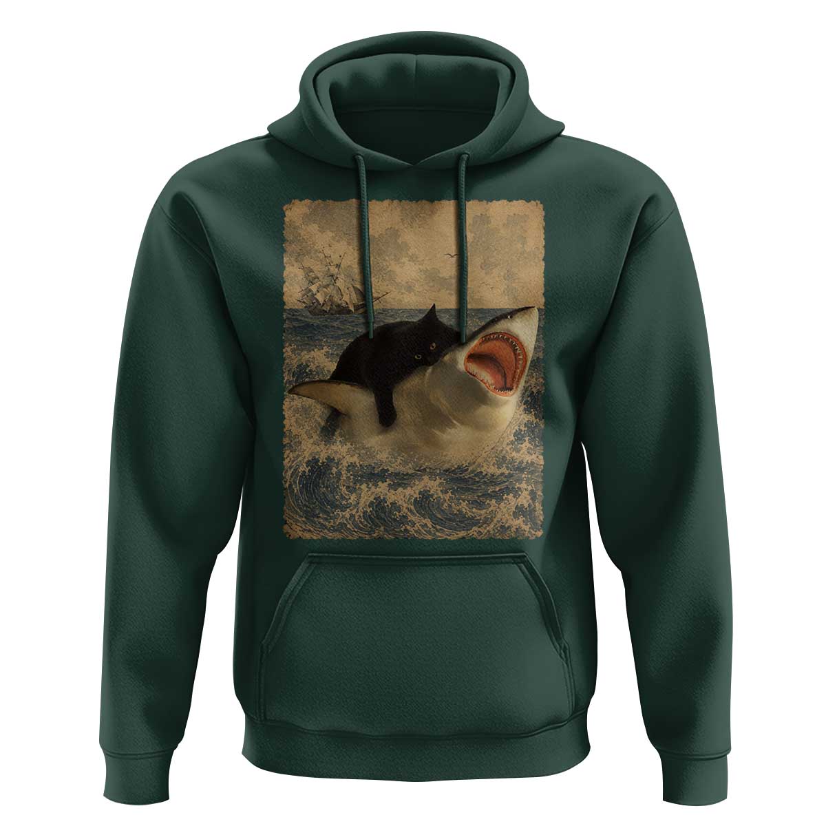 Black Cat Biting Shark Anime Graphic Japanese Hoodie Vintage Graphic Ukiyo-e Art