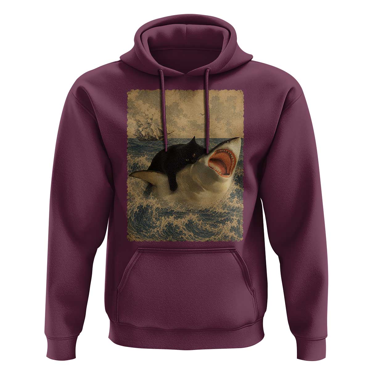 Black Cat Biting Shark Anime Graphic Japanese Hoodie Vintage Graphic Ukiyo-e Art