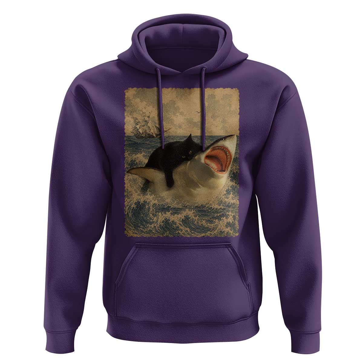 Black Cat Biting Shark Anime Graphic Japanese Hoodie Vintage Graphic Ukiyo-e Art