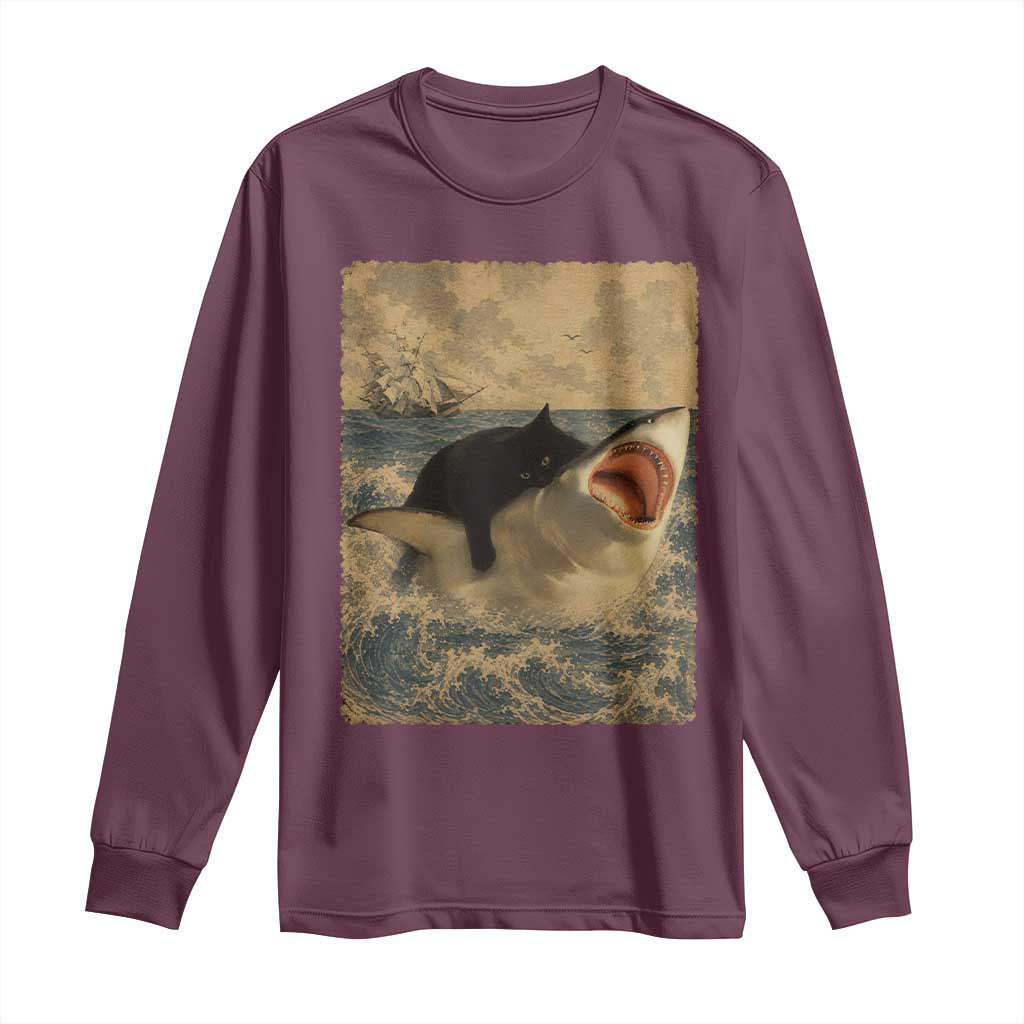 Black Cat Biting Shark Anime Graphic Japanese Long Sleeve Shirt Vintage Graphic Ukiyo-e Art