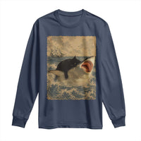 Black Cat Biting Shark Anime Graphic Japanese Long Sleeve Shirt Vintage Graphic Ukiyo-e Art