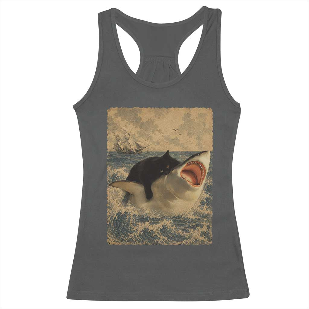 Black Cat Biting Shark Anime Graphic Japanese Racerback Tank Top Vintage Graphic Ukiyo-e Art