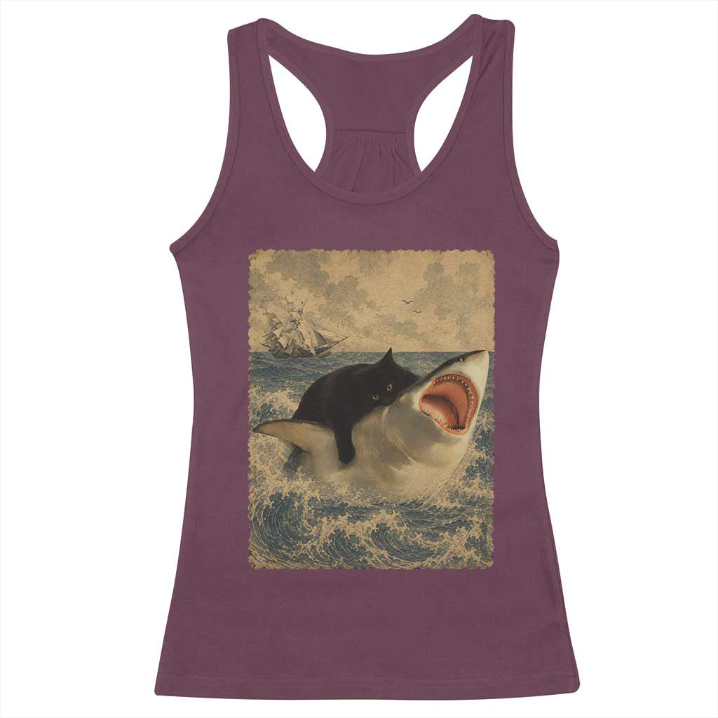 Black Cat Biting Shark Anime Graphic Japanese Racerback Tank Top Vintage Graphic Ukiyo-e Art