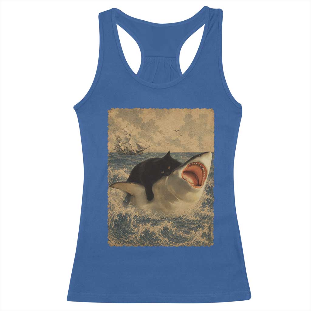 Black Cat Biting Shark Anime Graphic Japanese Racerback Tank Top Vintage Graphic Ukiyo-e Art
