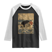 Black Cat Biting Shark Anime Graphic Japanese Raglan Shirt Vintage Graphic Ukiyo-e Art