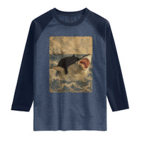 Black Cat Biting Shark Anime Graphic Japanese Raglan Shirt Vintage Graphic Ukiyo-e Art