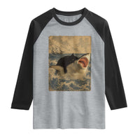 Black Cat Biting Shark Anime Graphic Japanese Raglan Shirt Vintage Graphic Ukiyo-e Art