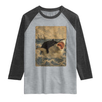 Black Cat Biting Shark Anime Graphic Japanese Raglan Shirt Vintage Graphic Ukiyo-e Art