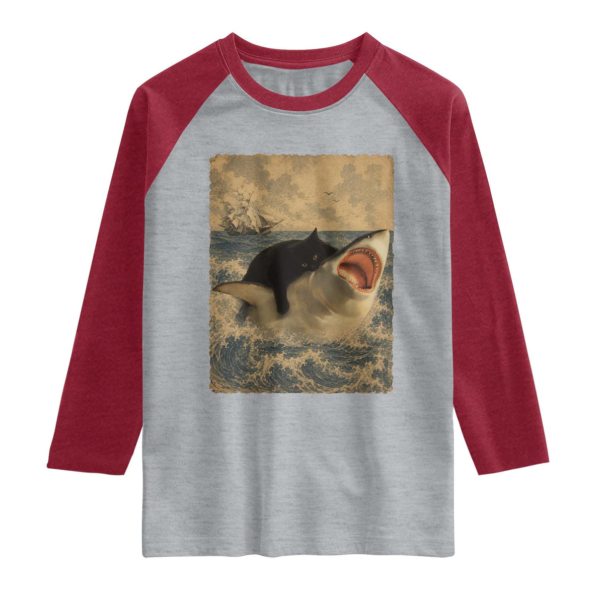 Black Cat Biting Shark Anime Graphic Japanese Raglan Shirt Vintage Graphic Ukiyo-e Art
