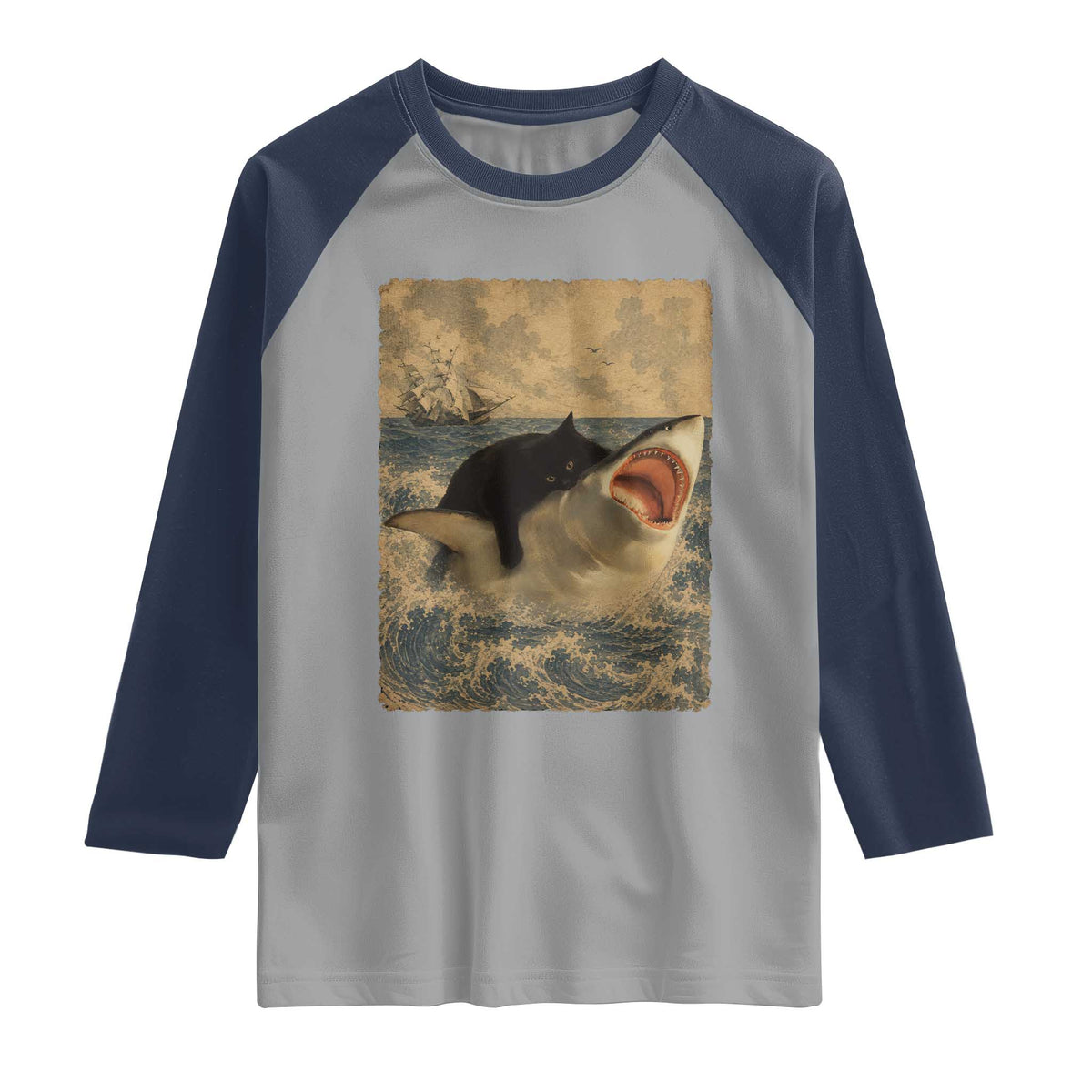 Black Cat Biting Shark Anime Graphic Japanese Raglan Shirt Vintage Graphic Ukiyo-e Art