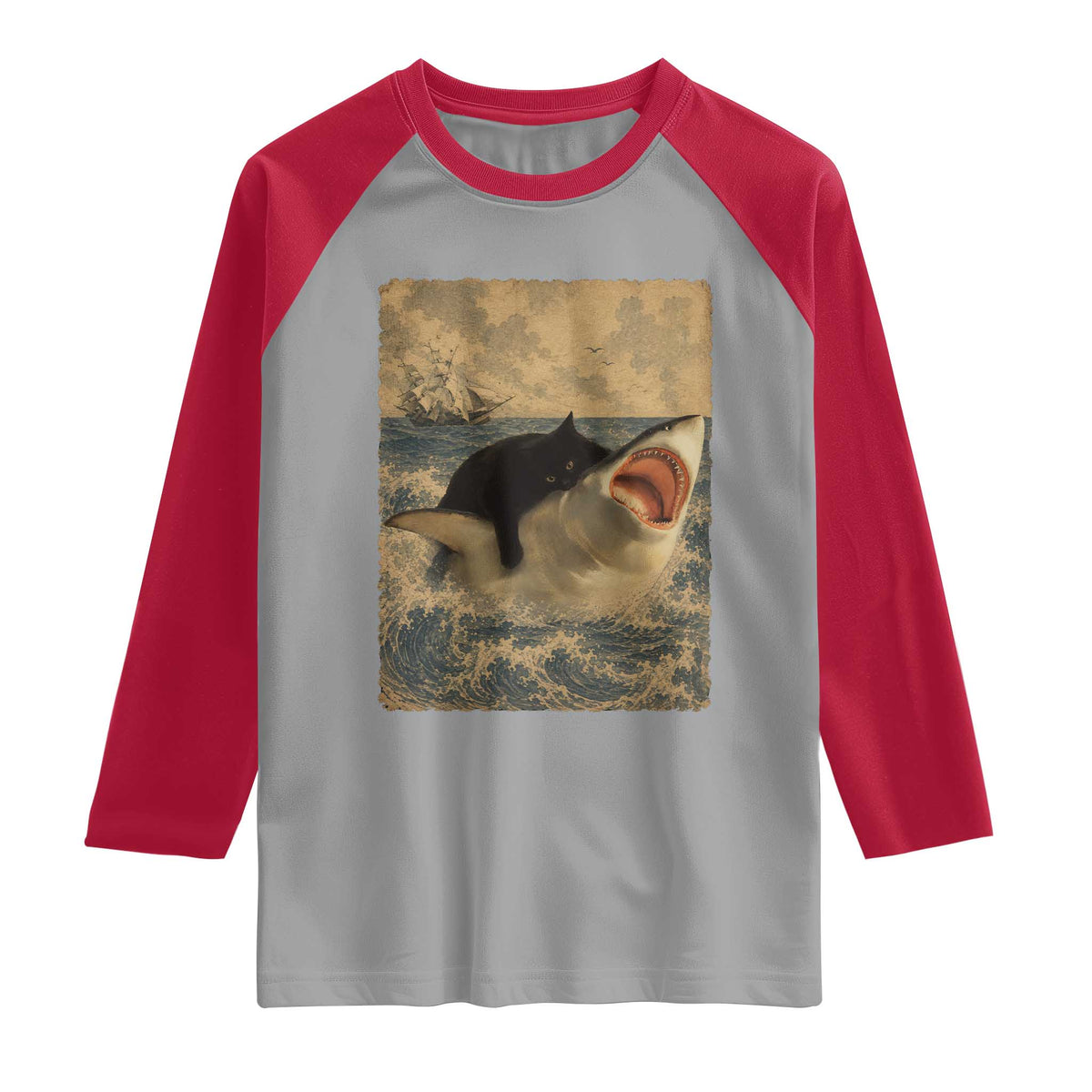 Black Cat Biting Shark Anime Graphic Japanese Raglan Shirt Vintage Graphic Ukiyo-e Art