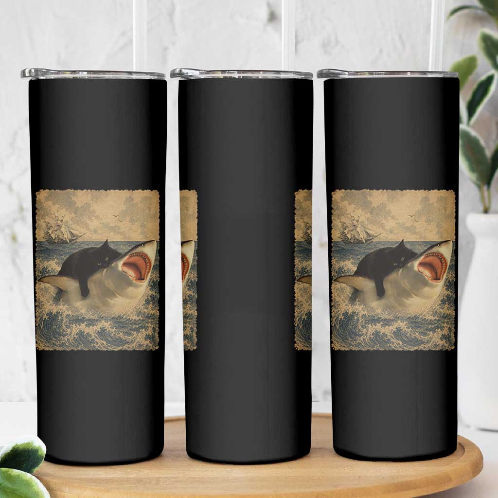 Black Cat Biting Shark Anime Graphic Japanese Skinny Tumbler Vintage Graphic Ukiyo-e Art