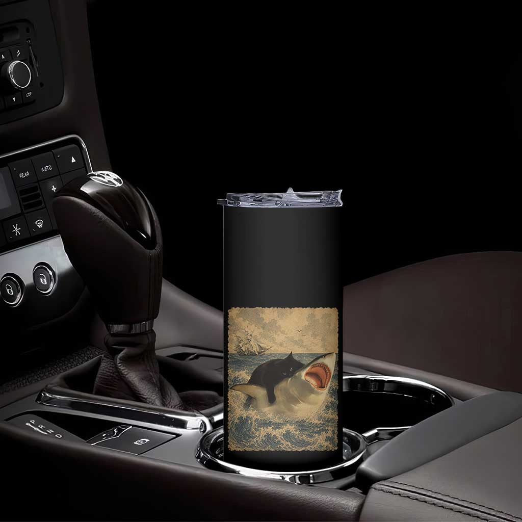 Black Cat Biting Shark Anime Graphic Japanese Skinny Tumbler Vintage Graphic Ukiyo-e Art