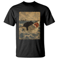 Black Cat Biting Shark Anime Graphic Japanese T Shirt Vintage Graphic Ukiyo-e Art