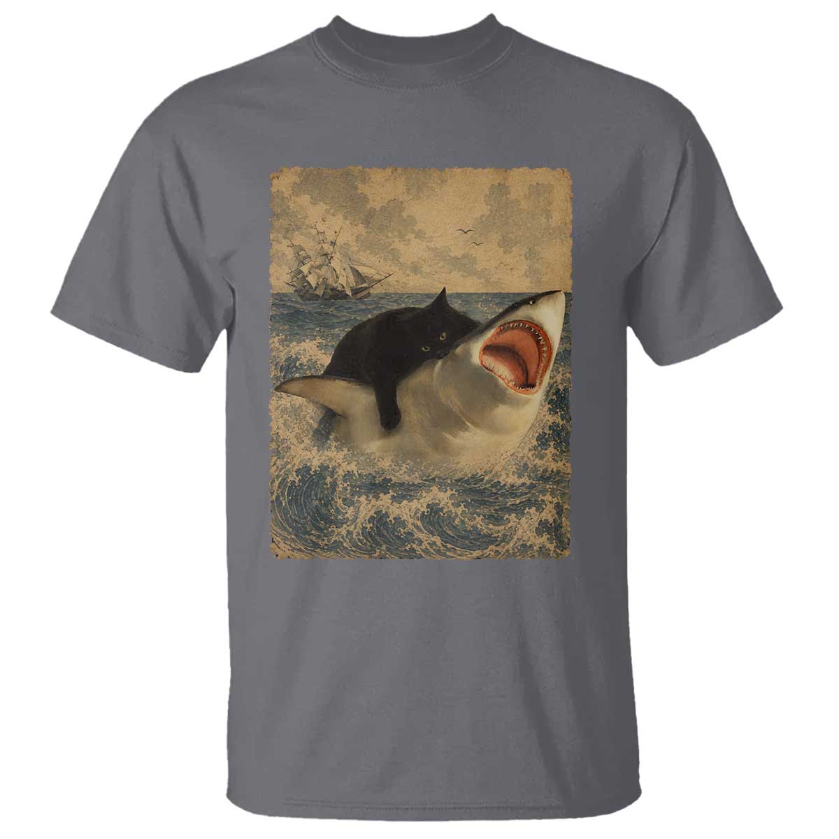 Black Cat Biting Shark Anime Graphic Japanese T Shirt Vintage Graphic Ukiyo-e Art