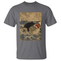 Black Cat Biting Shark Anime Graphic Japanese T Shirt Vintage Graphic Ukiyo-e Art