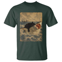 Black Cat Biting Shark Anime Graphic Japanese T Shirt Vintage Graphic Ukiyo-e Art