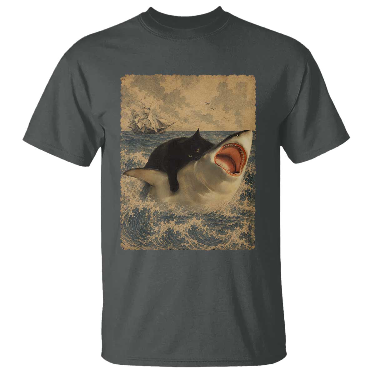Black Cat Biting Shark Anime Graphic Japanese T Shirt Vintage Graphic Ukiyo-e Art