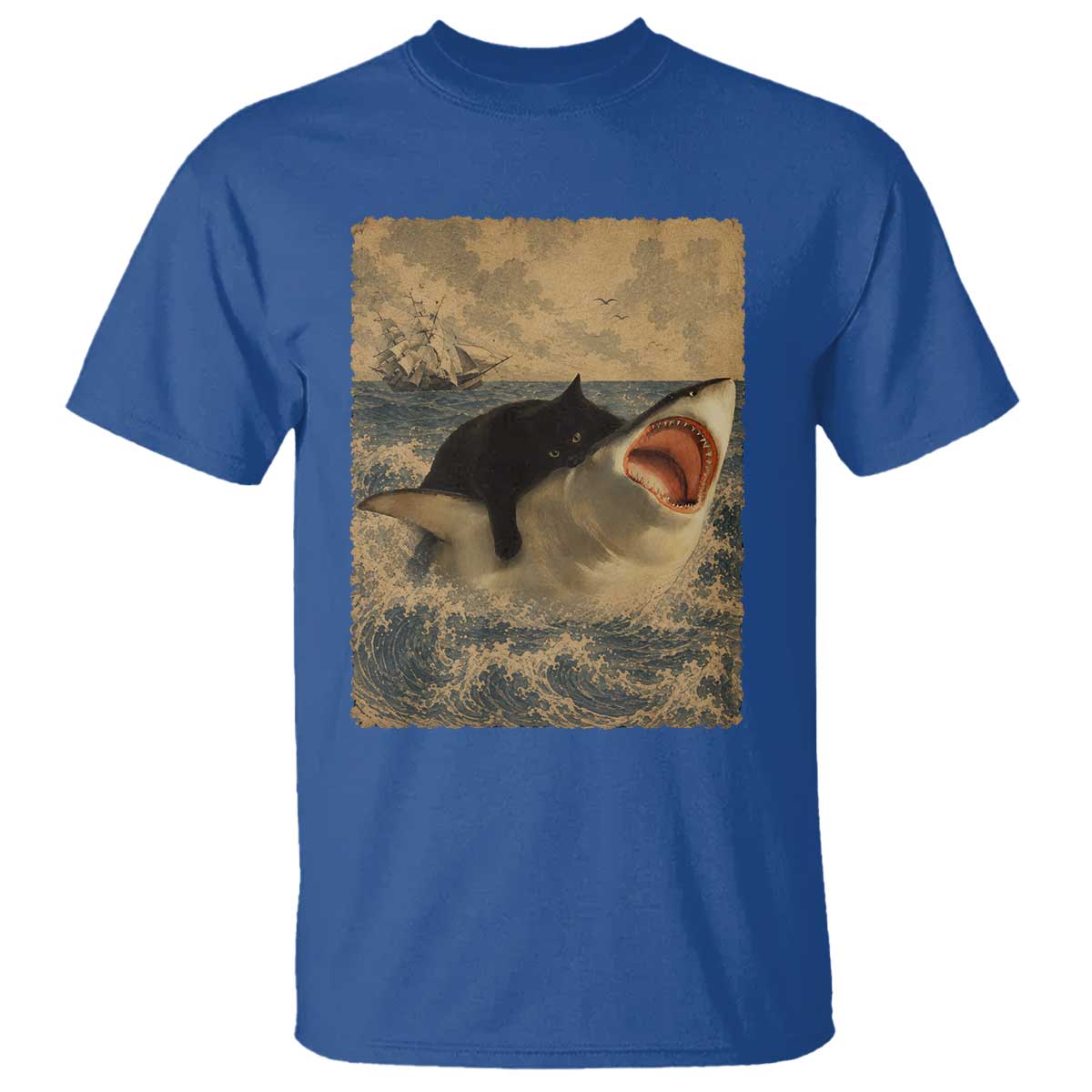 Black Cat Biting Shark Anime Graphic Japanese T Shirt Vintage Graphic Ukiyo-e Art