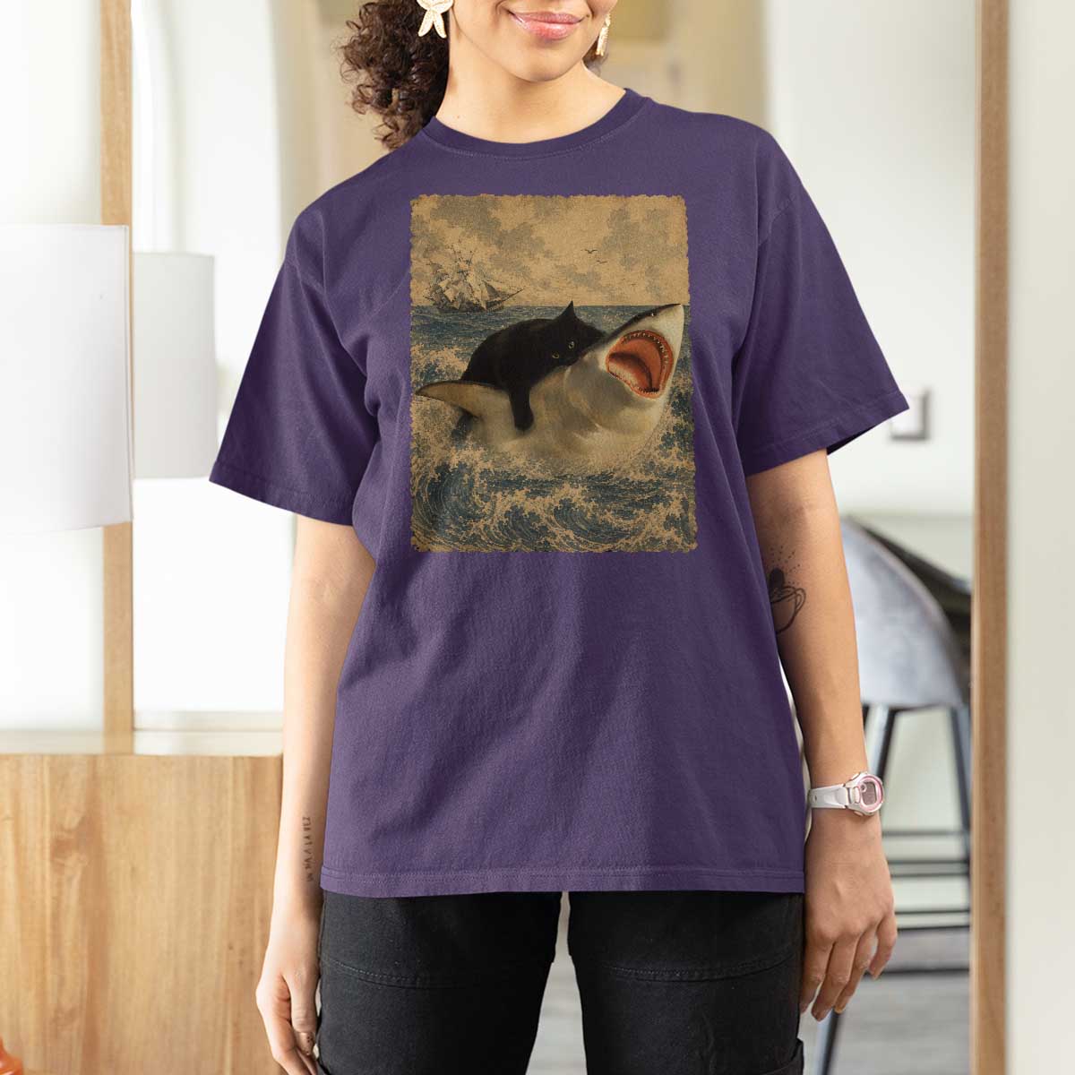 Black Cat Biting Shark Anime Graphic Japanese T Shirt For Women Vintage Graphic Ukiyo-e Art