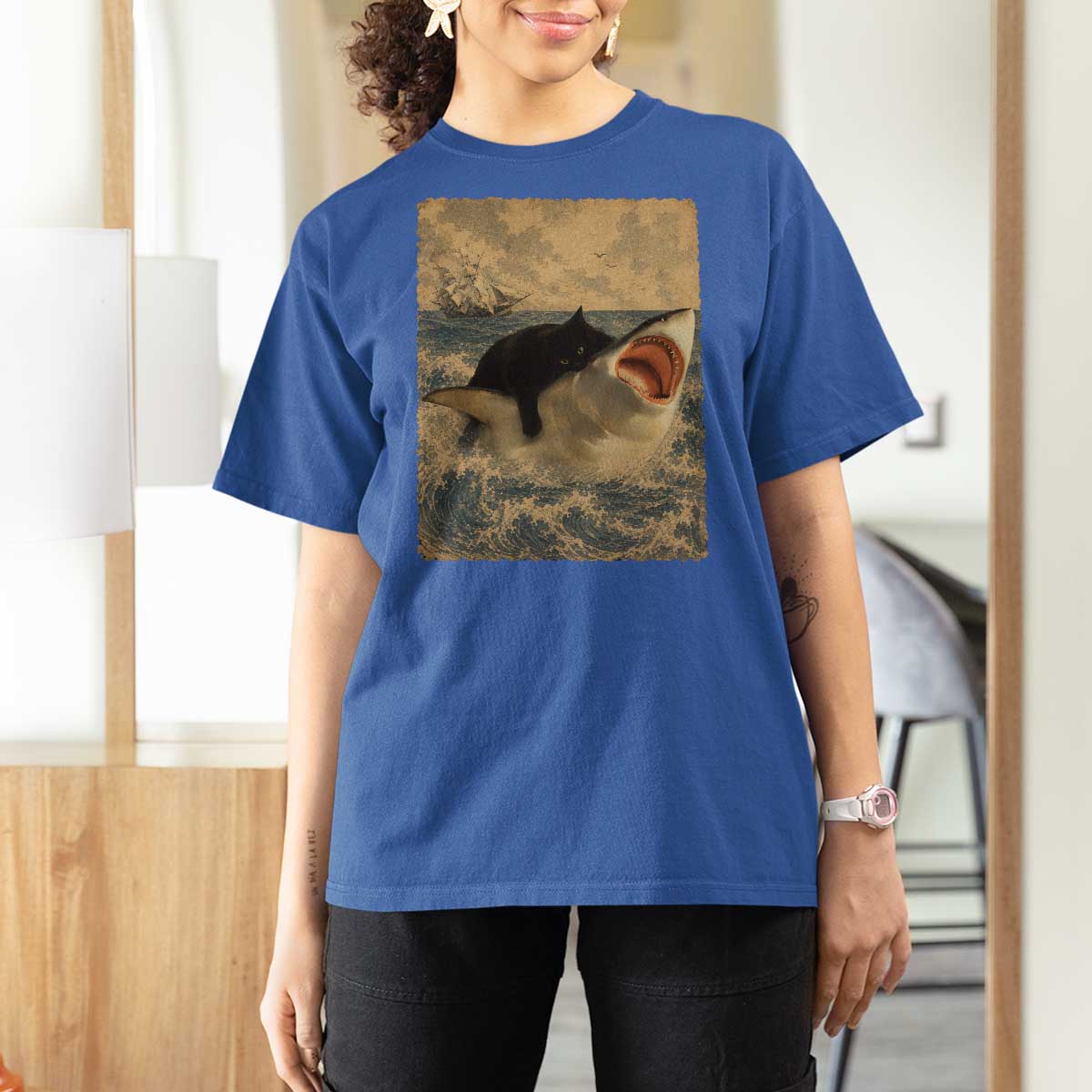 Black Cat Biting Shark Anime Graphic Japanese T Shirt For Women Vintage Graphic Ukiyo-e Art