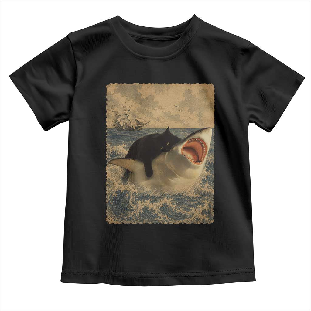Black Cat Biting Shark Anime Graphic Japanese Toddler T Shirt Vintage Graphic Ukiyo-e Art
