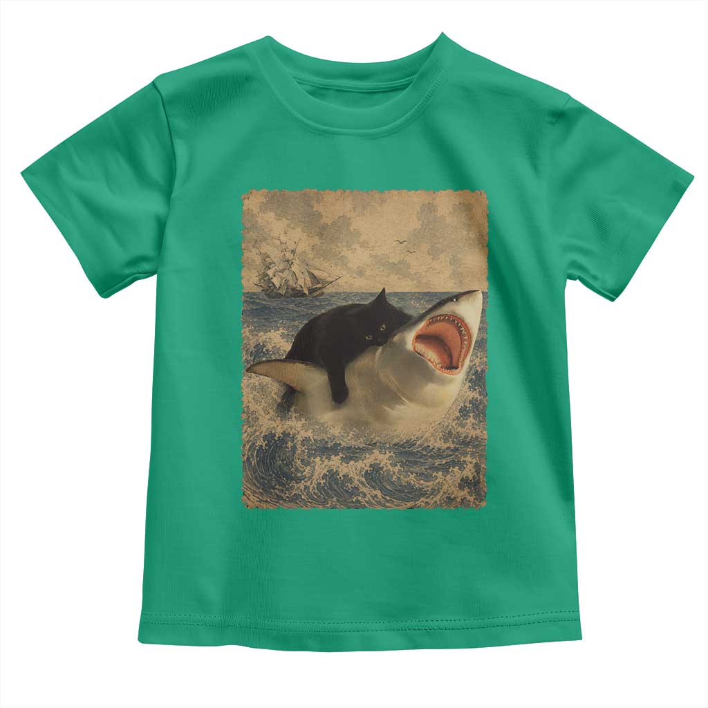 Black Cat Biting Shark Anime Graphic Japanese Toddler T Shirt Vintage Graphic Ukiyo-e Art