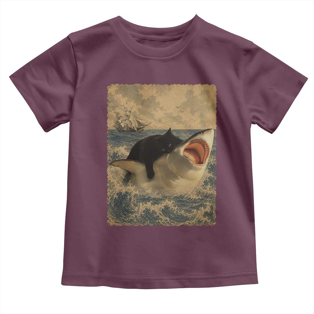 Black Cat Biting Shark Anime Graphic Japanese Toddler T Shirt Vintage Graphic Ukiyo-e Art