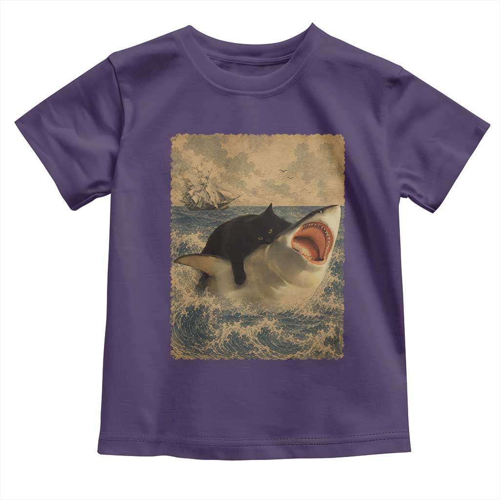 Black Cat Biting Shark Anime Graphic Japanese Toddler T Shirt Vintage Graphic Ukiyo-e Art