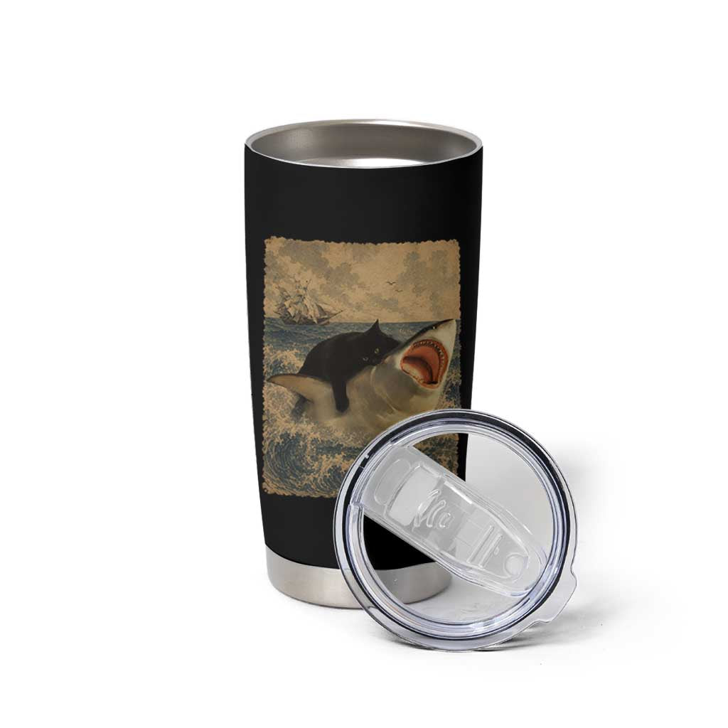 Black Cat Biting Shark Anime Graphic Japanese Tumbler Cup Vintage Graphic Ukiyo-e Art