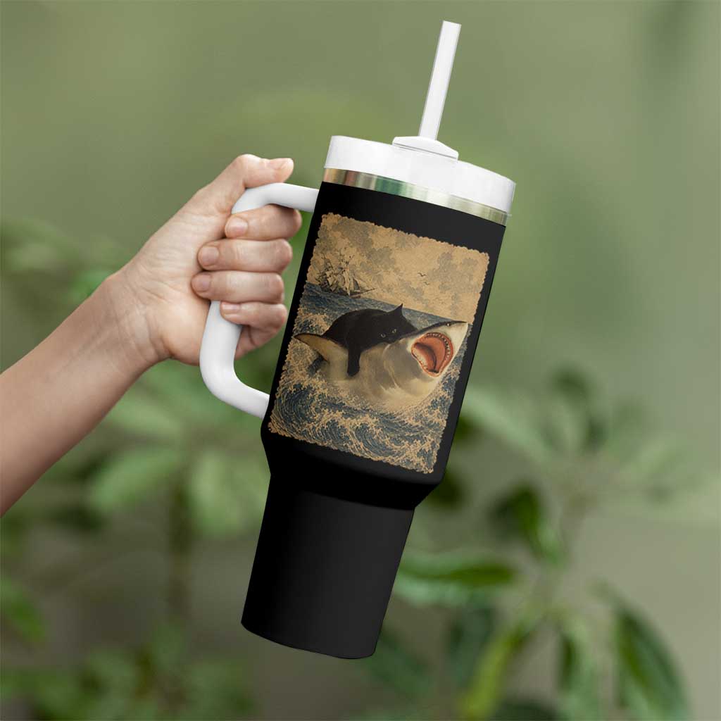 Black Cat Biting Shark Anime Graphic Japanese Tumbler With Handle Vintage Graphic Ukiyo-e Art