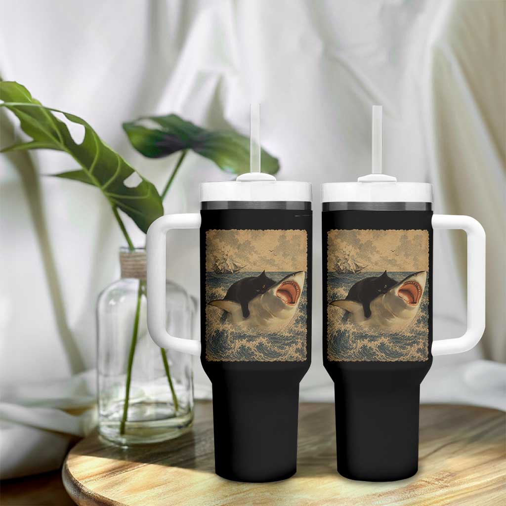Black Cat Biting Shark Anime Graphic Japanese Tumbler With Handle Vintage Graphic Ukiyo-e Art