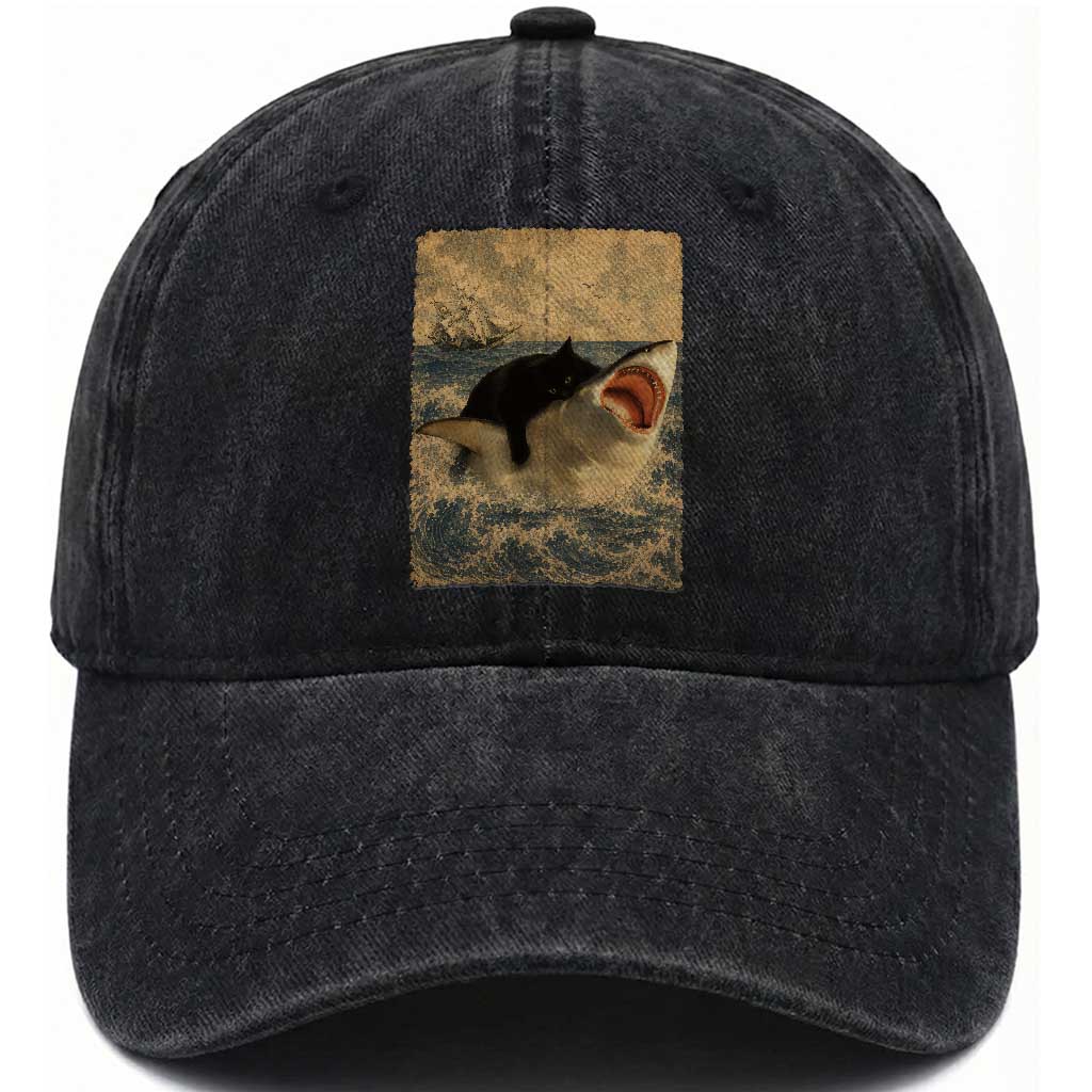 Black Cat Biting Shark Anime Graphic Japanese Washed Cotton Baseball Cap Vintage Graphic Ukiyo-e Art
