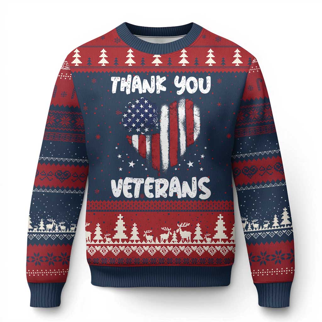 Thank You Veterans Ugly Christmas Sweater Patriotic Veterans Day Grunge USA Flag Heart - Wonder Print Shop