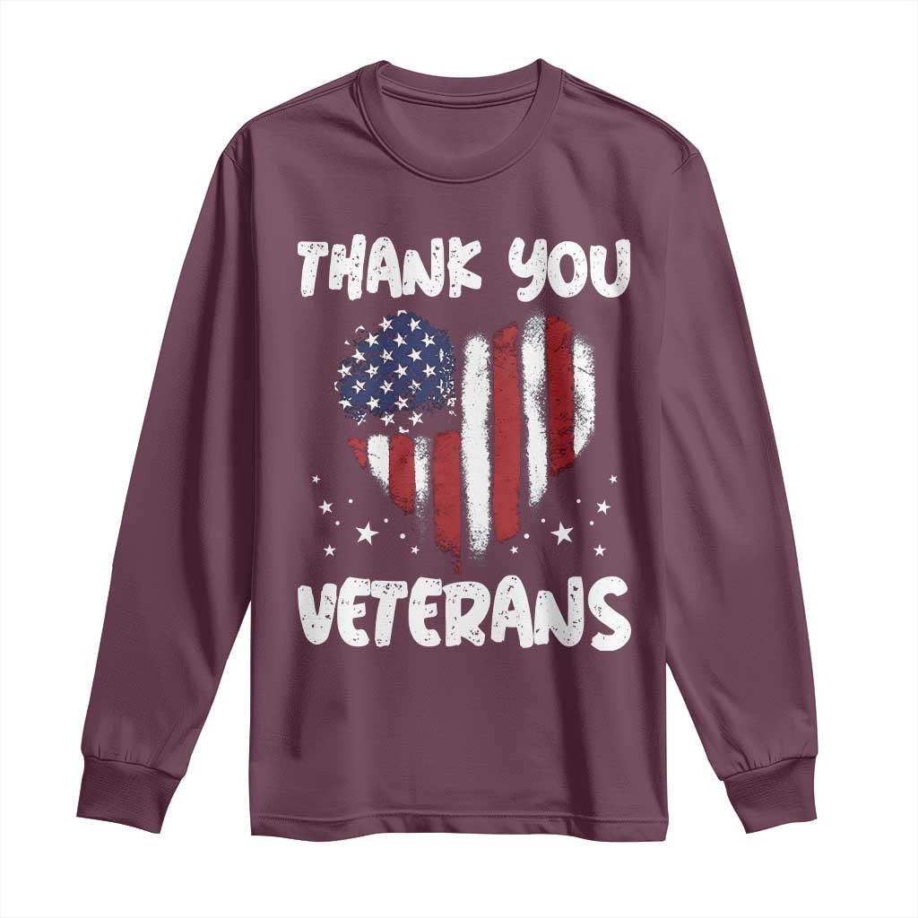 Thank You Veterans Long Sleeve Shirt Patriotic Veterans Day Grunge USA Flag Heart - Wonder Print Shop