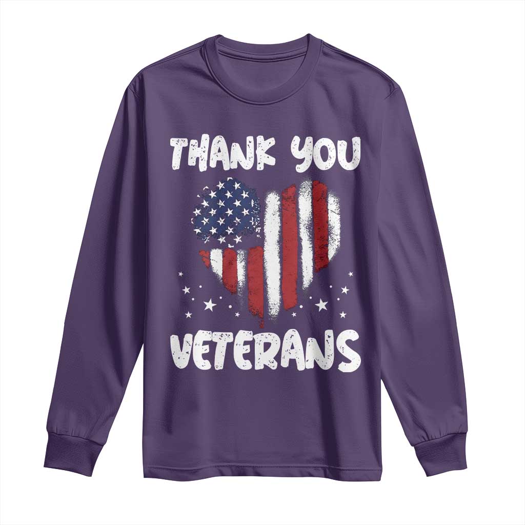 Thank You Veterans Long Sleeve Shirt Patriotic Veterans Day Grunge USA Flag Heart - Wonder Print Shop